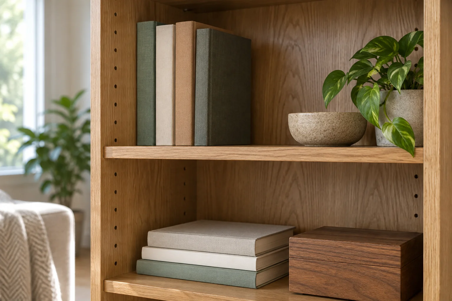 Wooden bookcase with visible rows of shelf support holes and books on adjustable shelves