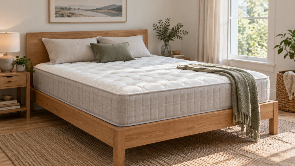 An unbranded mattress on a simple bed frame in a bright bedroom.