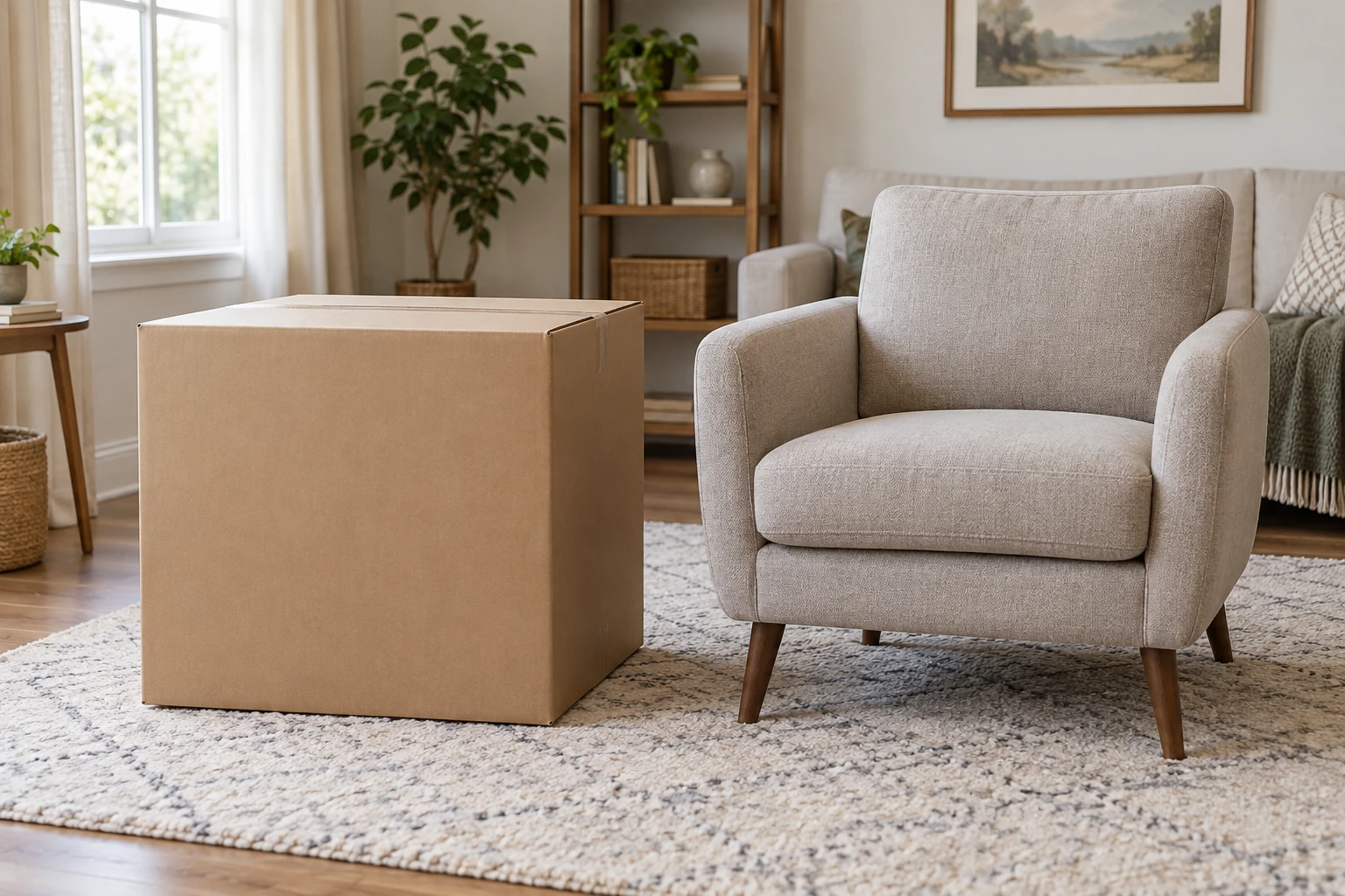 Furniture carton beside an assembled armchair in a living room