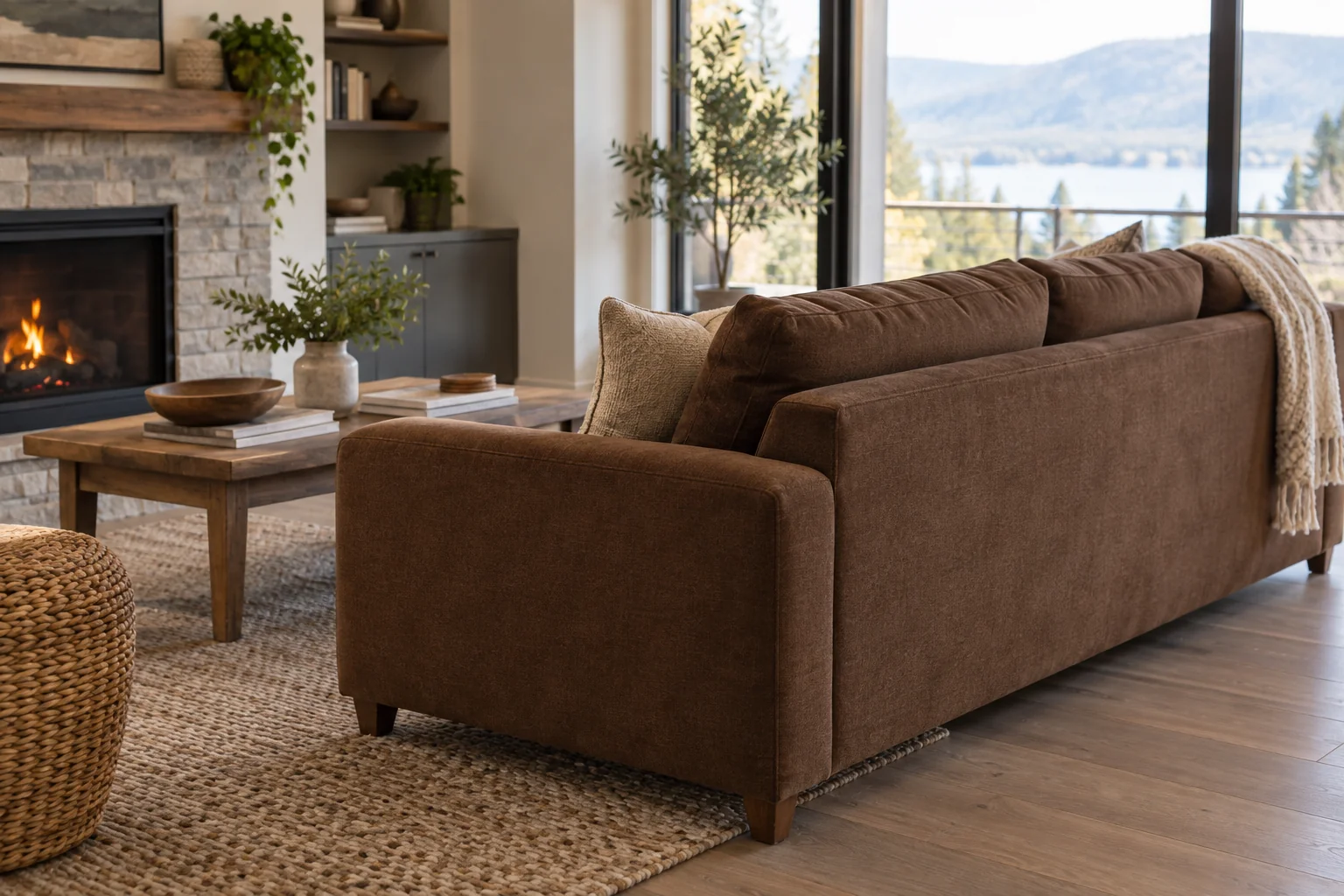 Brown sofa viewed from behind, showing the outside back and arm