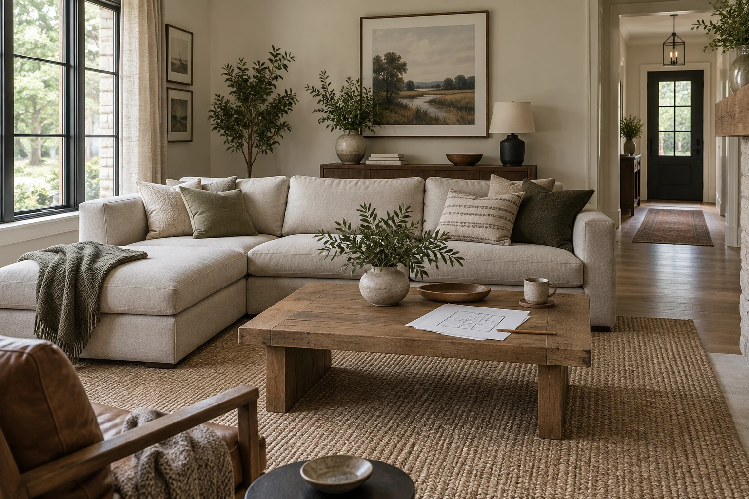 Sectional sofa with a chaise beside an open walkway and a room sketch on the table