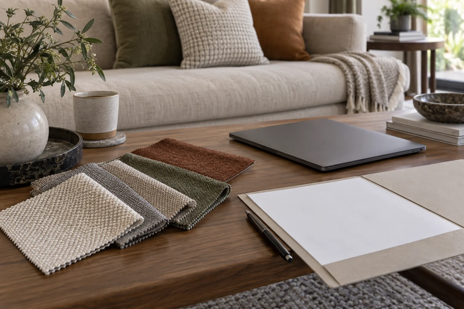 Upholstery swatches beside a blank order folder and a closed laptop on a coffee table with a sofa behind