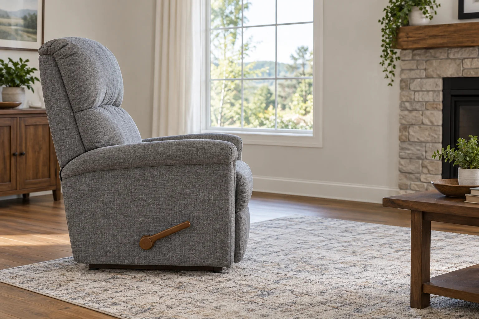 Upright gray recliner with a wooden side lever and open space beside it