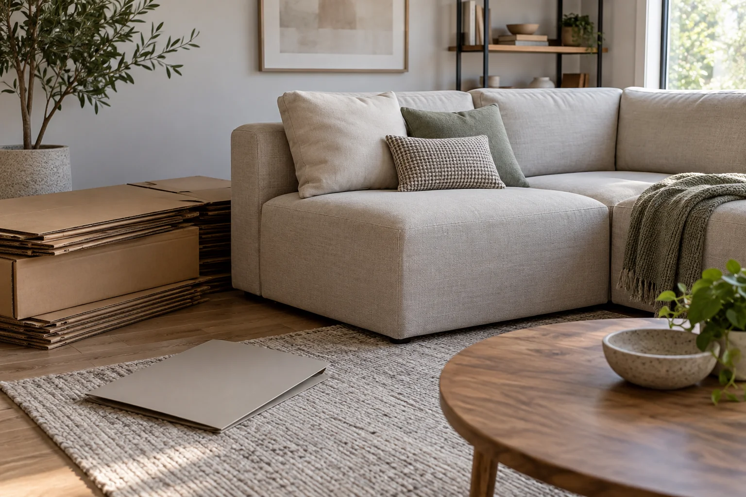 A modular sofa section beside flattened clean cardboard cartons and a blank folder in a living room