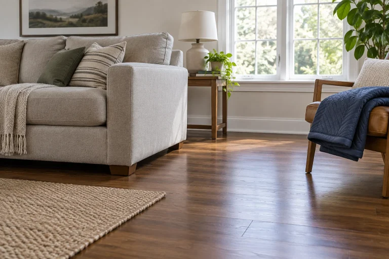Sofa resting on wooden feet with a clear route and a folded moving blanket nearby