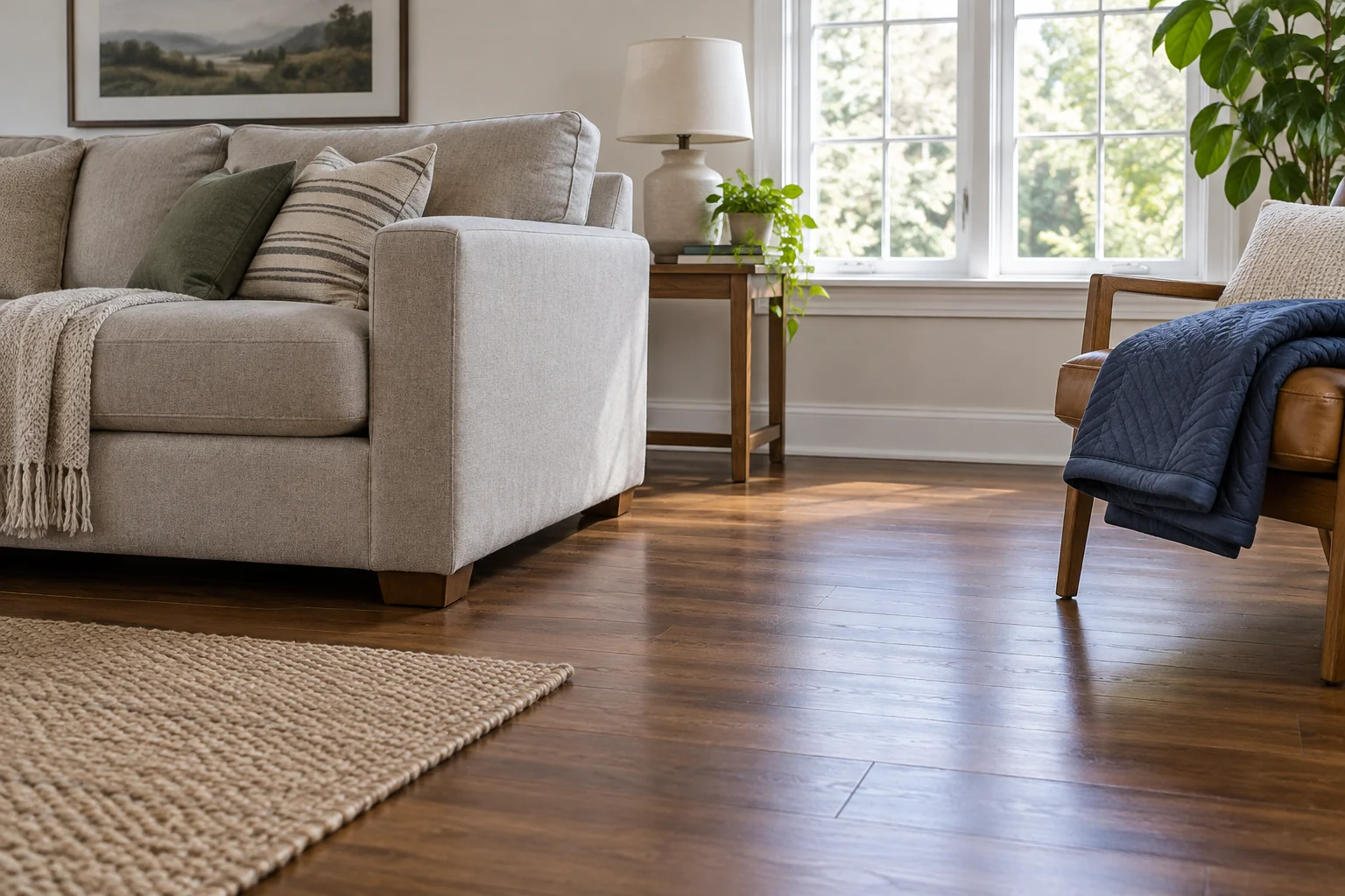 Sofa resting on wooden feet with a clear route and a folded moving blanket nearby
