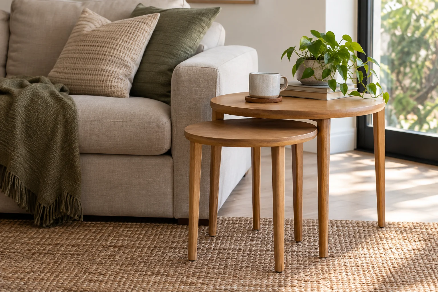 Two wooden nesting tables beside a sofa with the smaller table partly tucked underneath