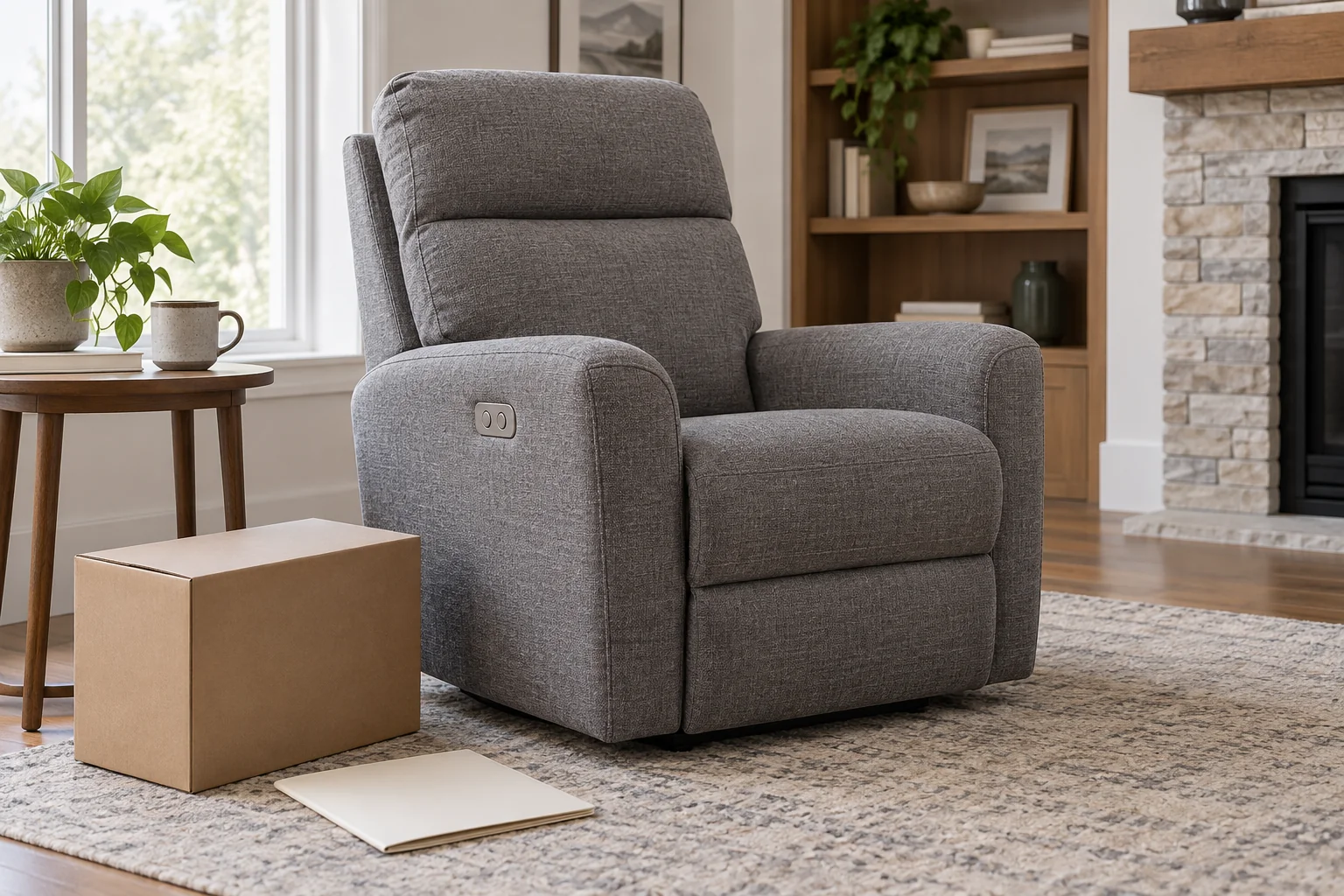 A generic recliner beside a closed plain cardboard accessory box and a blank folder