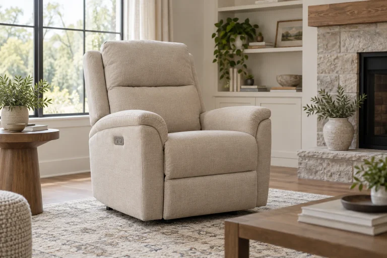 Upright beige recliner with small side control buttons in a living room