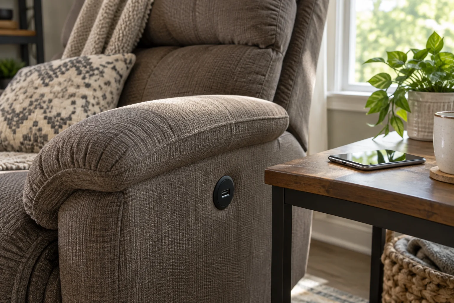 Close view of a generic recliner arm with an unused USB charging port and a phone resting on an adjacent side table