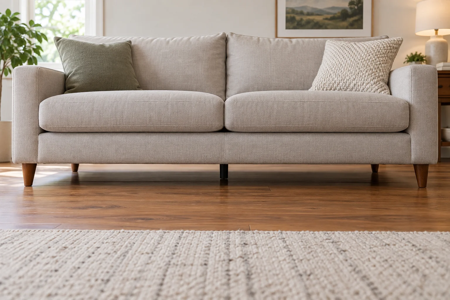 Low view of a sofa on a wood floor showing outer feet and a small central support leg