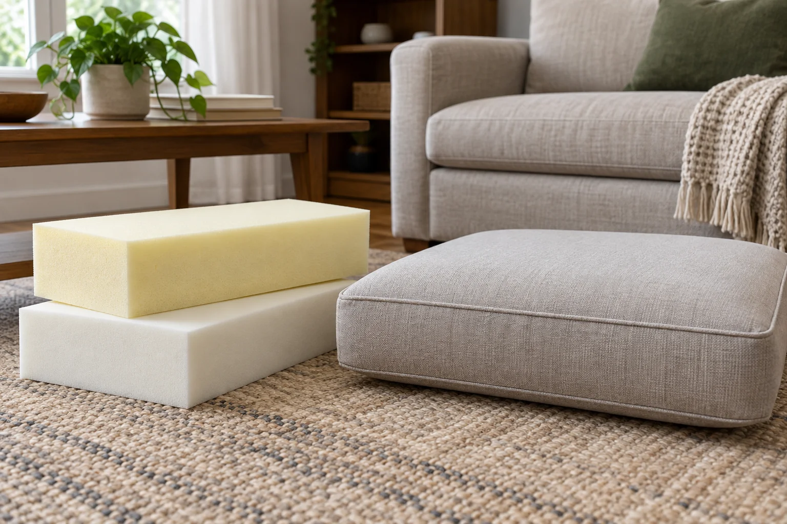 Two foam blocks beside a loose sofa cushion
