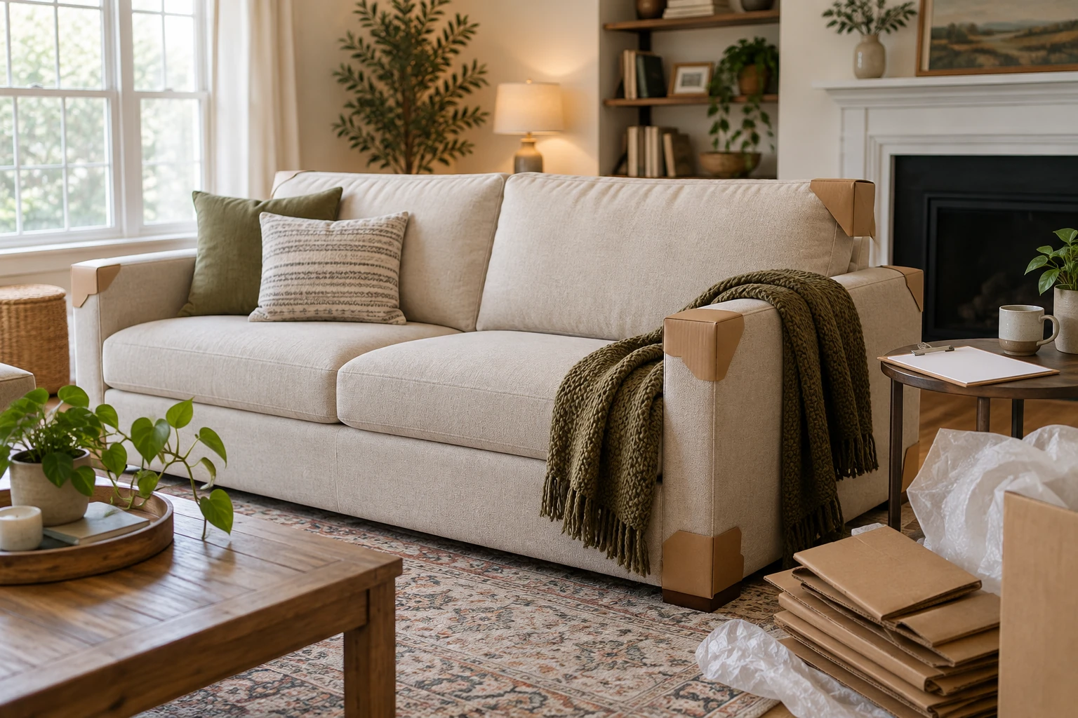New sofa with protective cardboard corners and packaging beside a blank clipboard