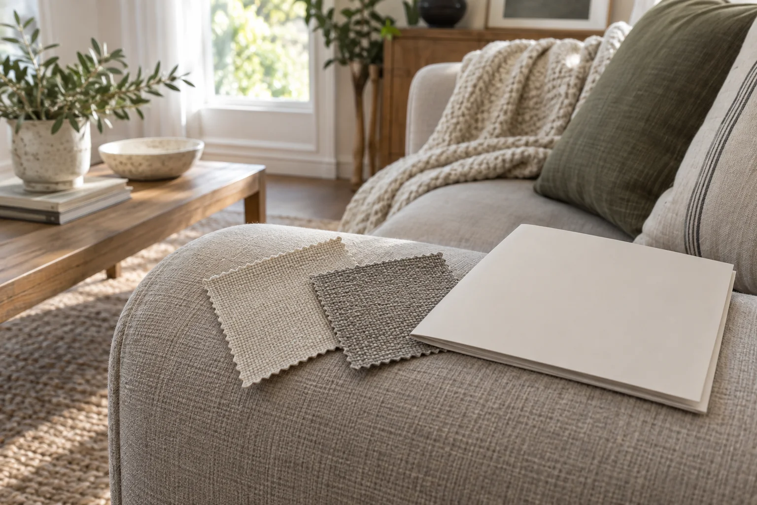 Two neutral upholstery fabric swatches on a sofa arm beside a blank order folder