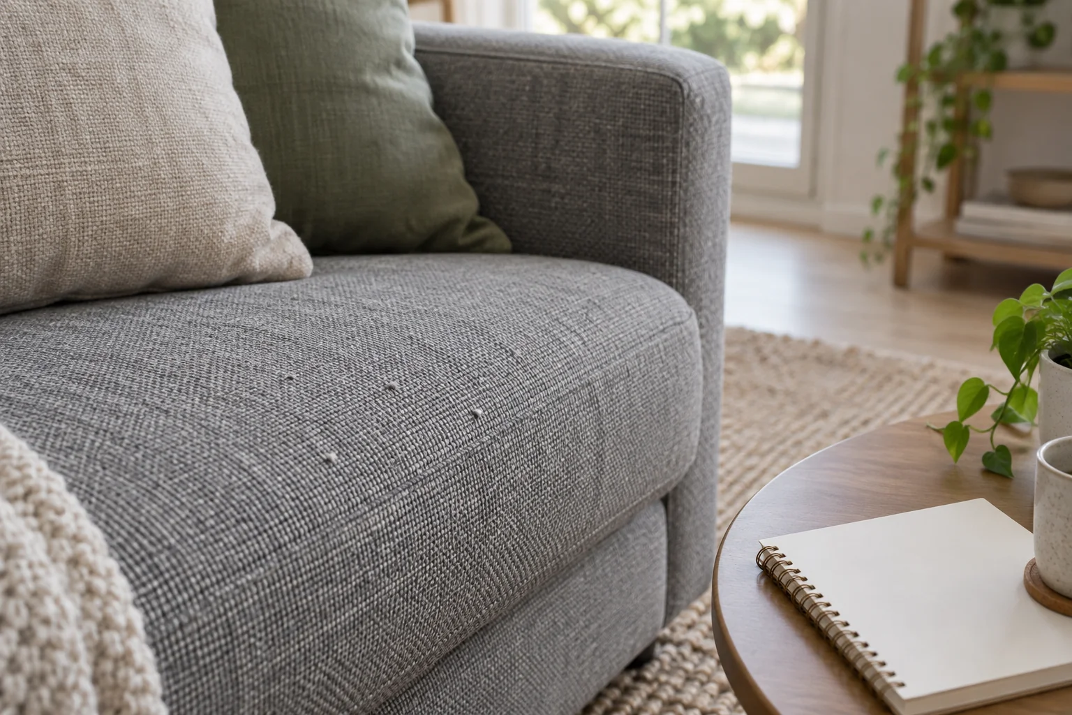 Close view of gray sofa fabric with small fiber pills and a notebook nearby