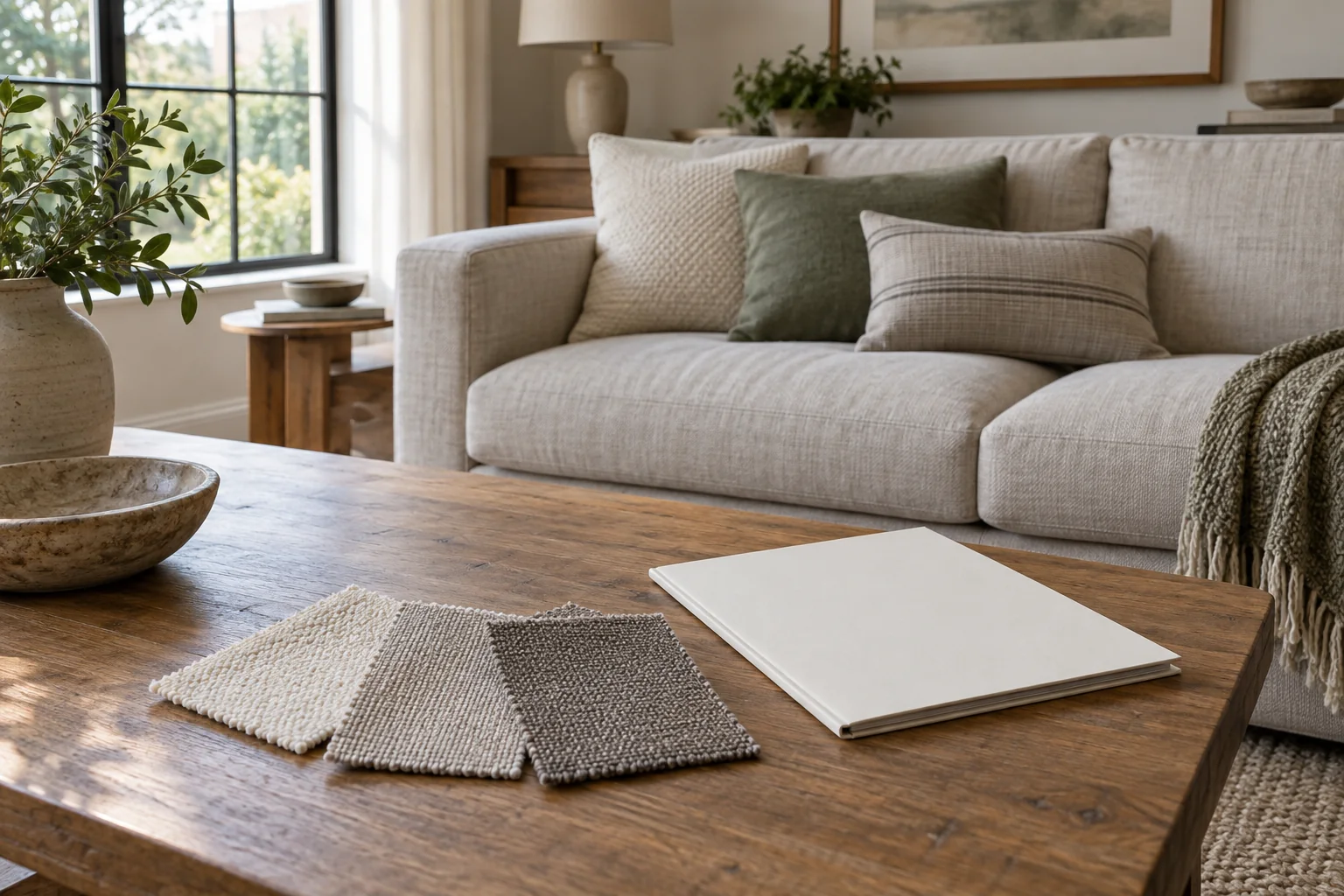 Three neutral upholstery swatches and a blank specification folder beside a fabric sofa