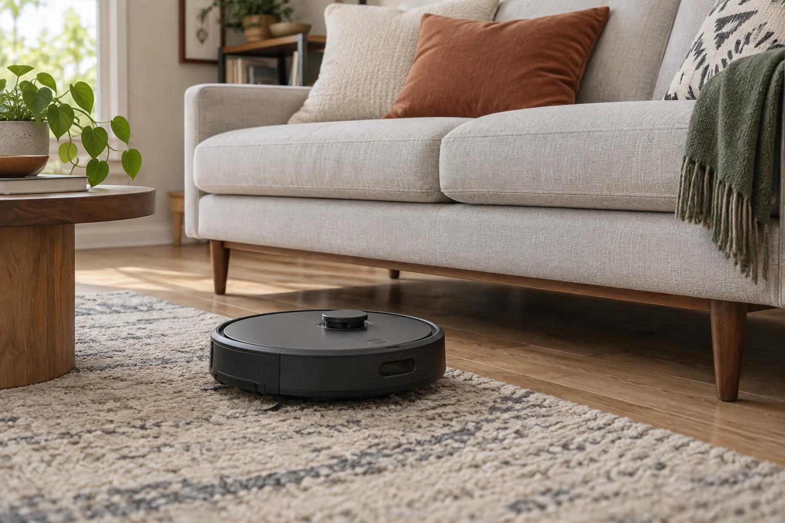 Robot vacuum parked in front of a sofa with visible legs and open space beneath