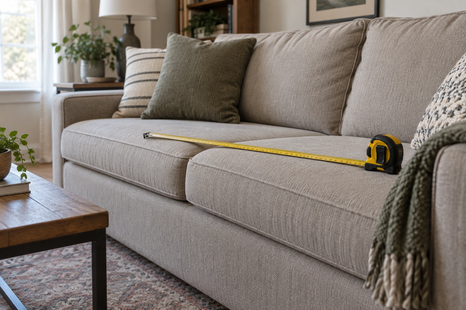 Sofa seat and back cushions with a tape measure resting across the seat