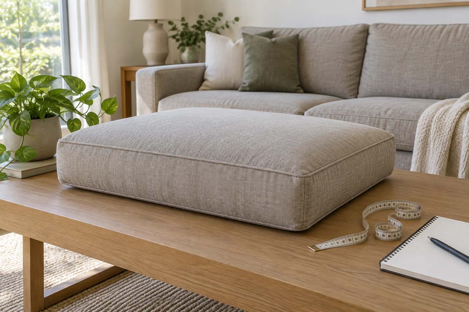 Loose rectangular sofa cushion on a low table beside a tape measure and notebook