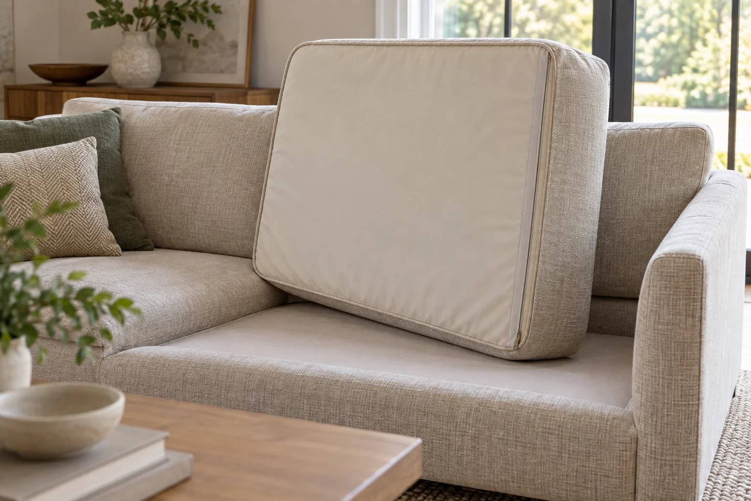 Sofa cushion standing upright on the seat with its zipper edge visible