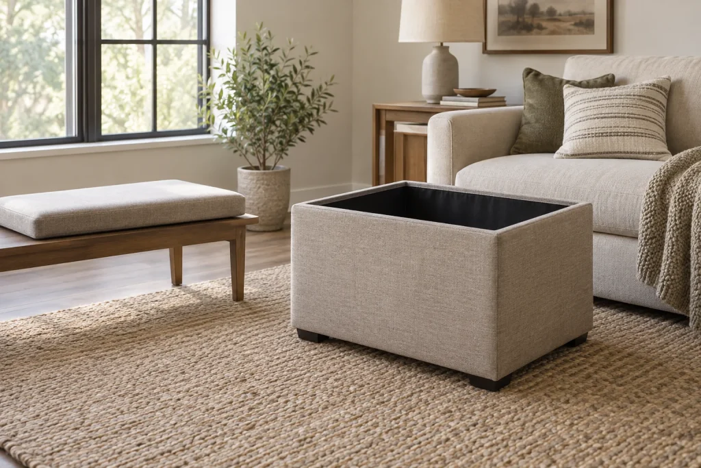 Open storage ottoman beside a sofa with its removable lid resting on a separate bench