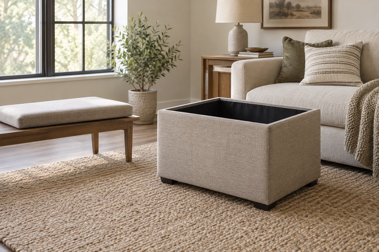 Open storage ottoman beside a sofa with its removable lid resting on a separate bench