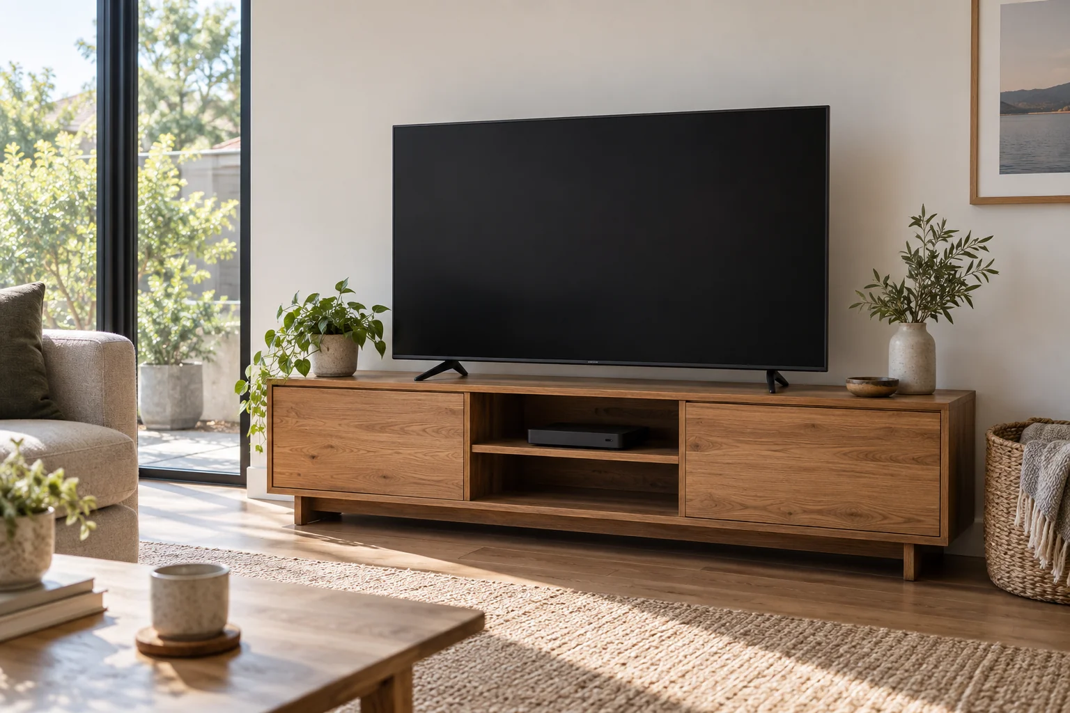 Wood TV cabinet with a black television and an electronic device on a shelf