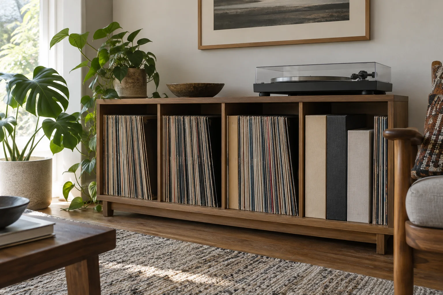 Upright vinyl records in plain sleeves on a low wooden shelf with a few wider plain box sets