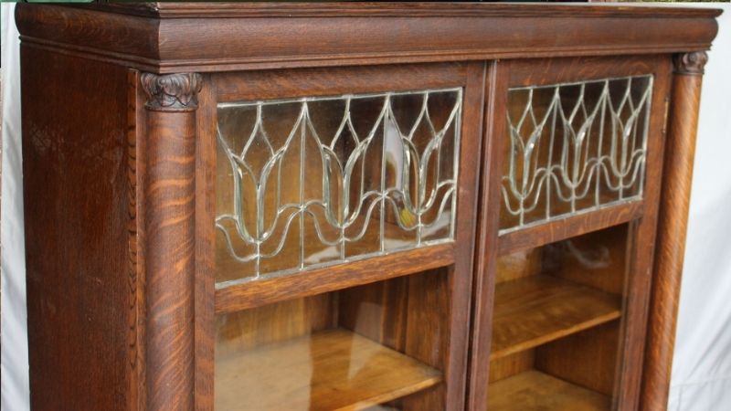 antique oak bookcase with glass doors