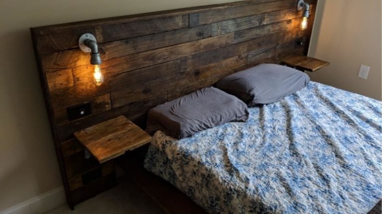 diy headboard with shelves and lights