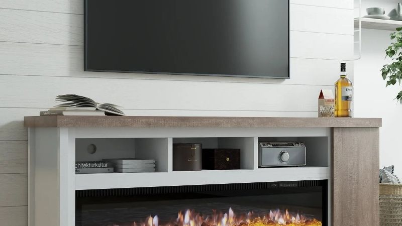 grey tv stand with fireplace