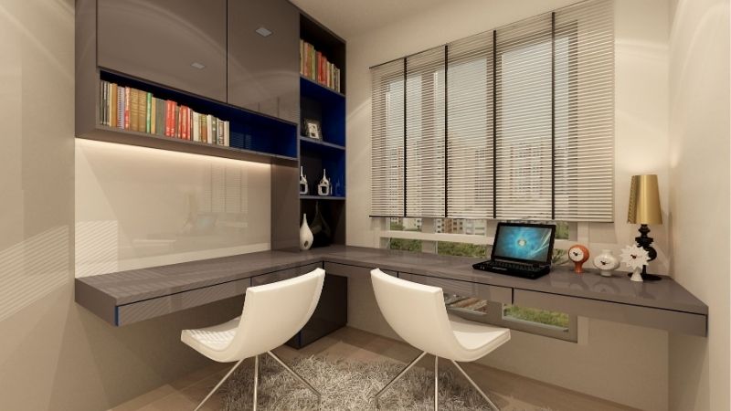 study table with chair and bookshelf